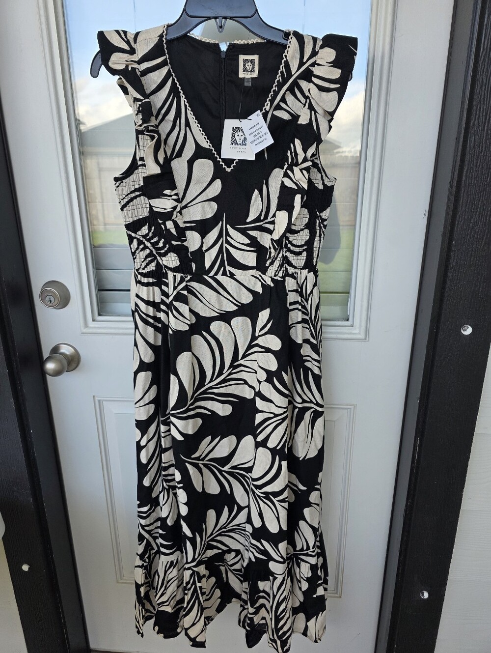 Anne Klein Black White Floral Midi Dress Women Size 2 Ruffle Sleeve V-Neck NWT - Picture 2 of 9